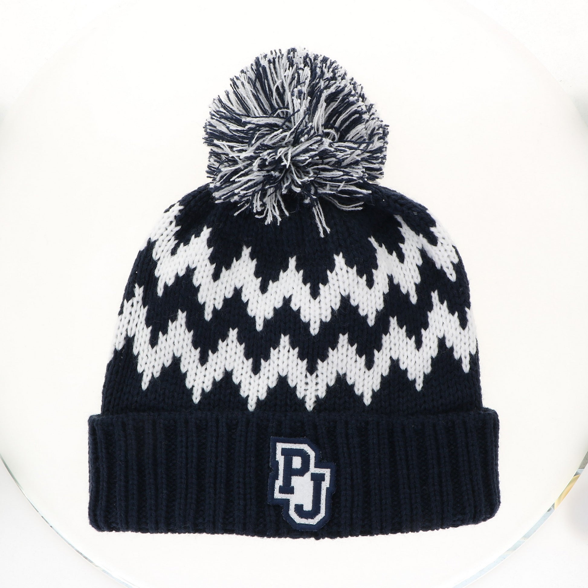 Winter Hat  - Zig Zag Pom Cuffed Beanie - Navy & White - Legacy
