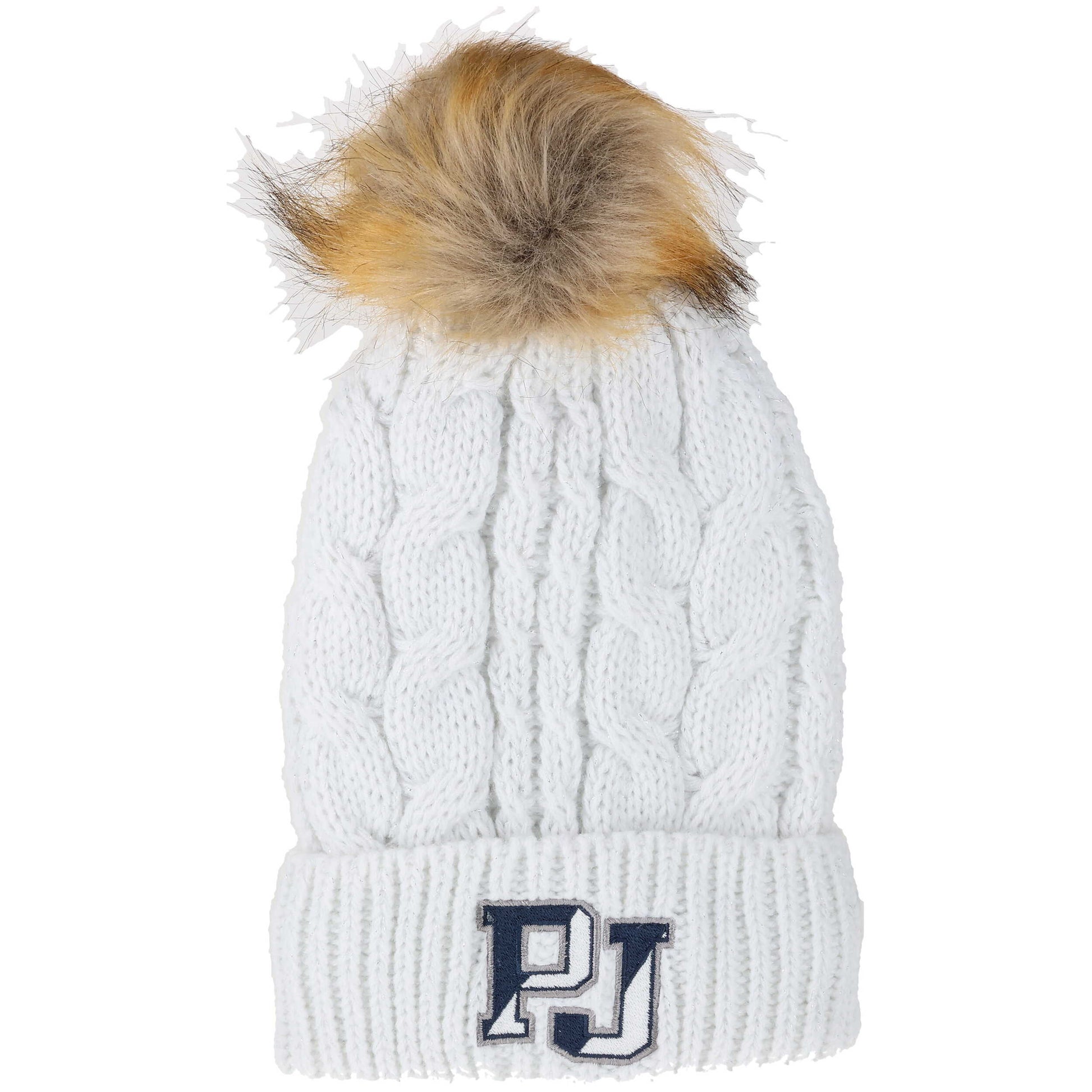 Winter Hat - Cable Knit Faux Fur Pom Beanie - Frosted White - Locale