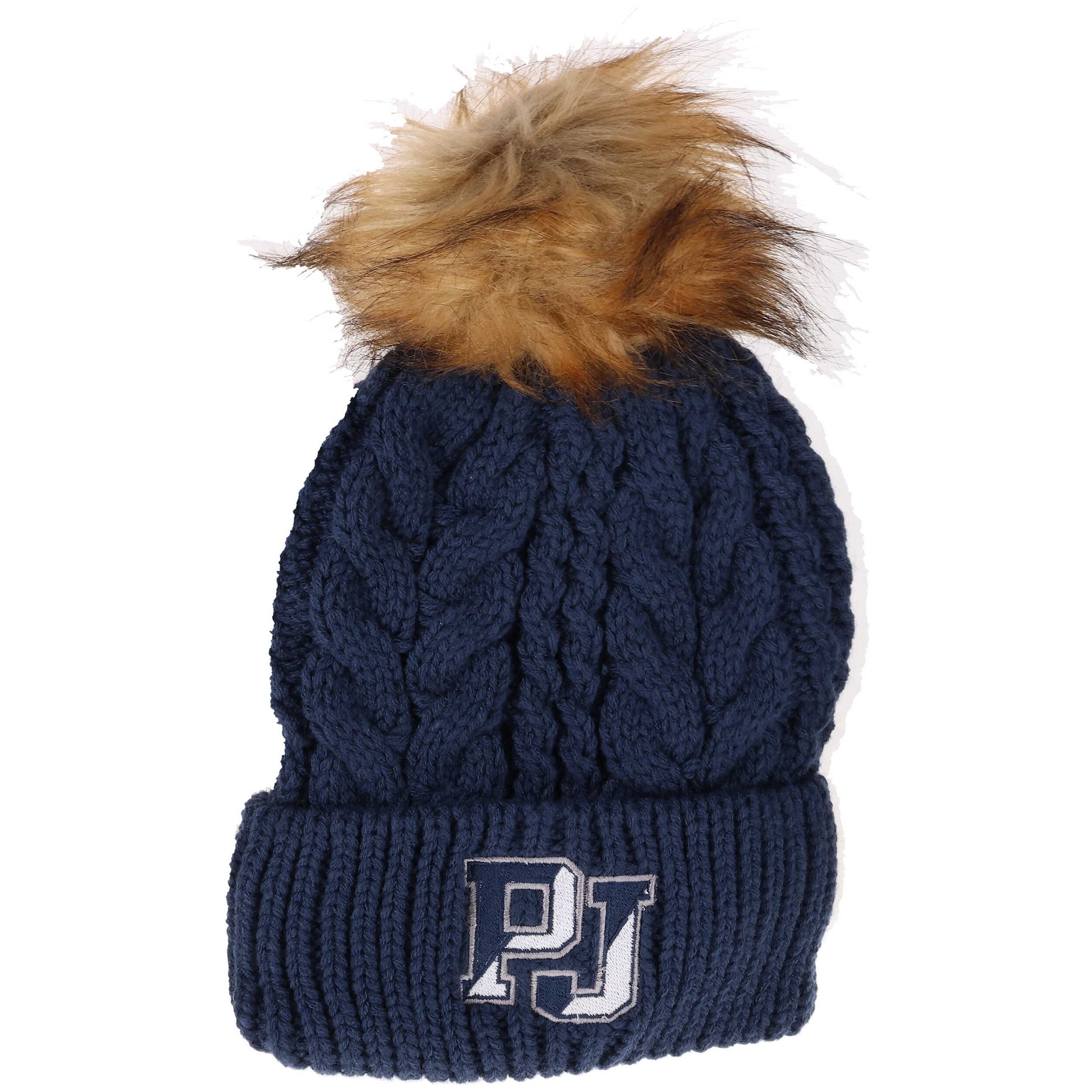 Winter Hat - Cable Knit Faux Fur Pom Beanie - Navy - Locale