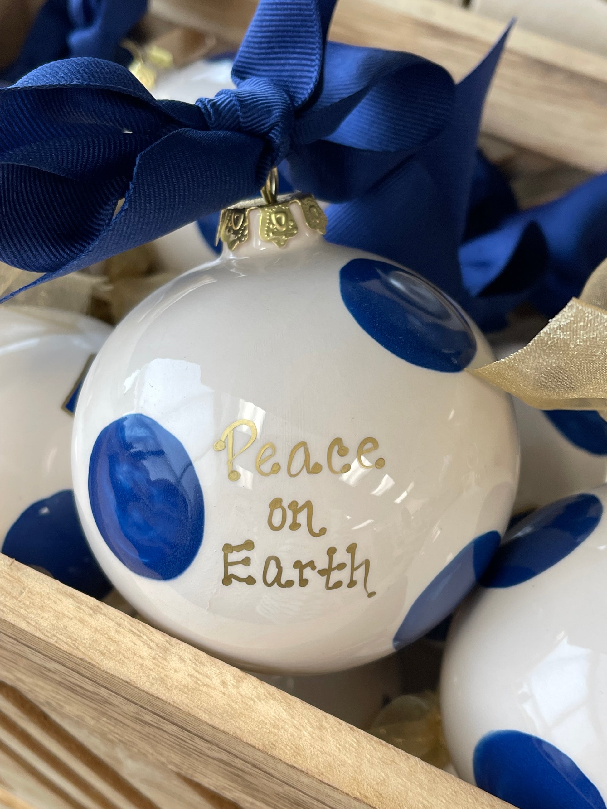 Ornament - White - Ceramic Ball with Navy Ribbon