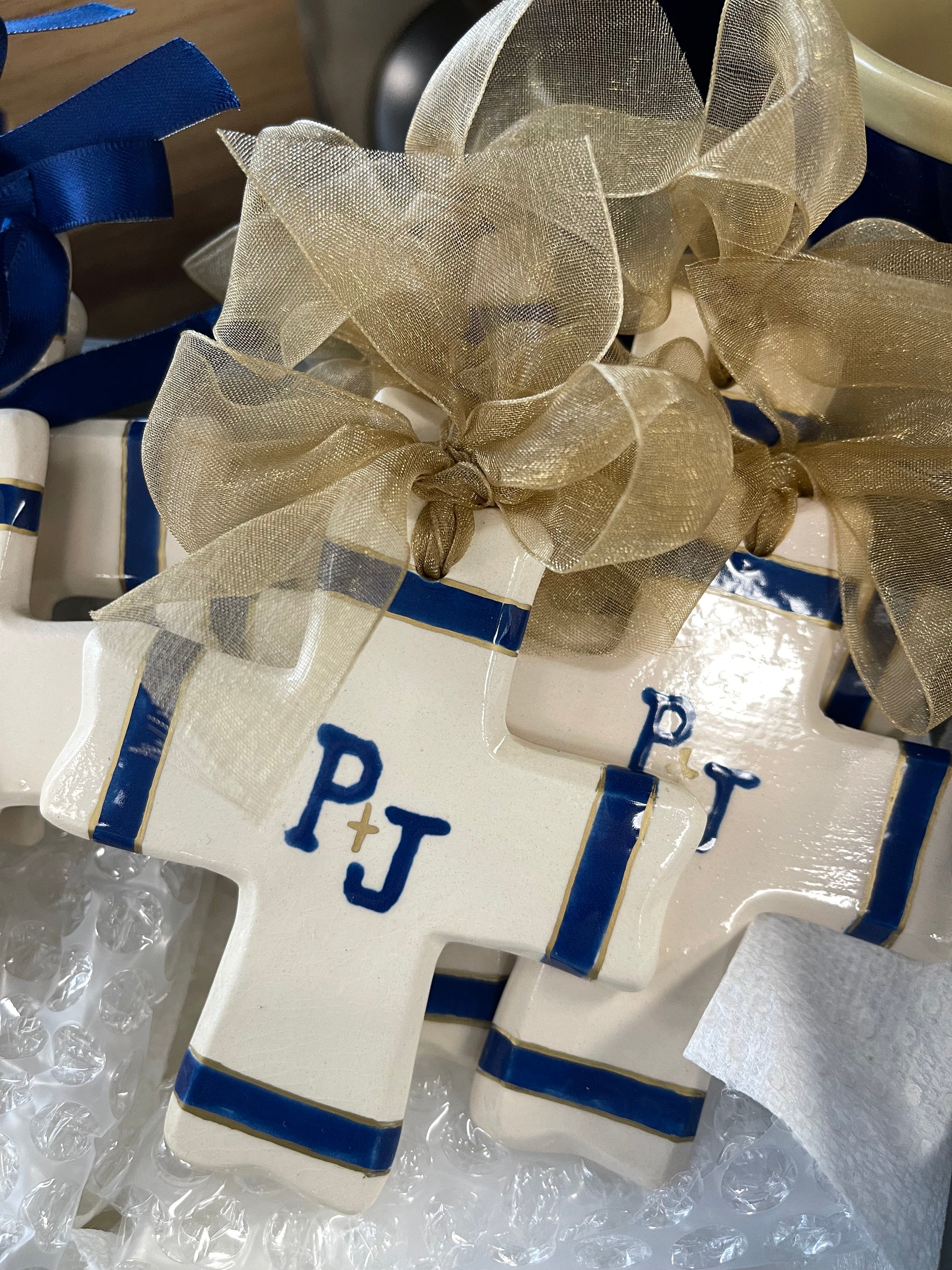 Ornament- Ceramic Cross - with Gold Ribbon